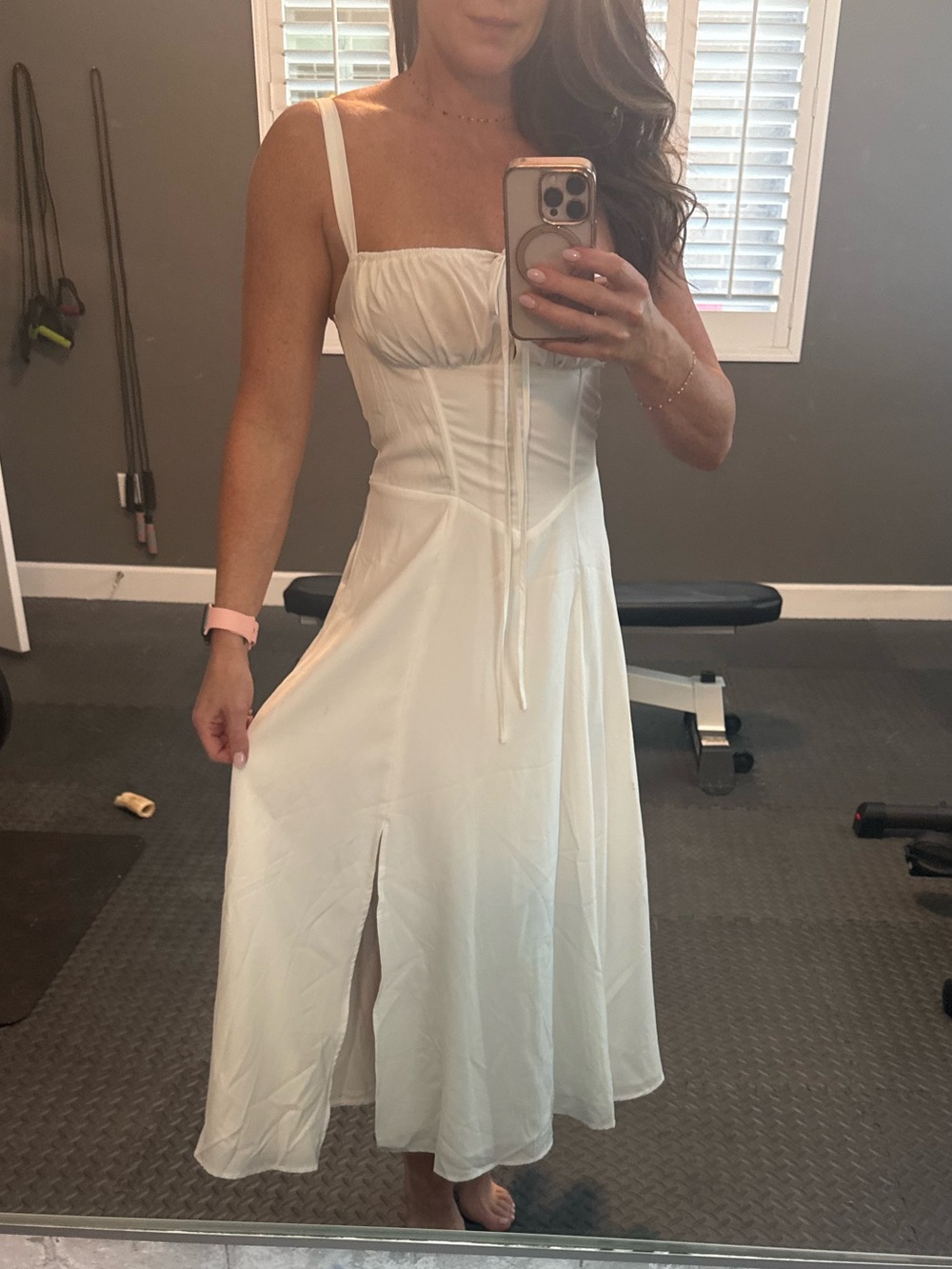 Corset-Style White Midi Dress with Front Slit